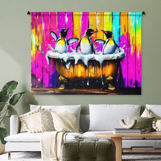 Wandkleed 150x112 cm - Wanddoek Pinguïns - Badkuip - Kleurrijk - Schuim - Wandtapijt - Wandkleden