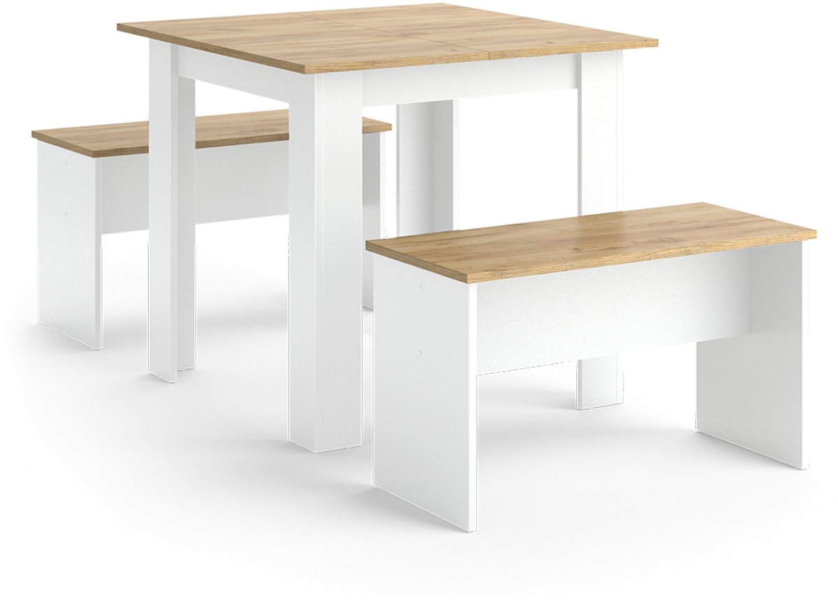 Vicco Sentio Eettafelset – 80 x 80 cm met 2 banken Eik goud/wit Goudkleurig Eiken/Wit