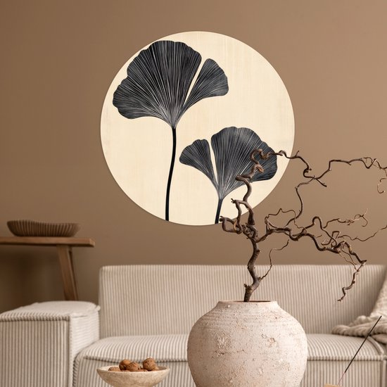 WallCircle® - Papier peint cercle 50x50 cm - Stickers muraux Feuilles - Minimaliste - Zwart - Cercle mural salon - Cercle mural chambre - Décoration de chambre autocollante - Accessoires de Décoration murale