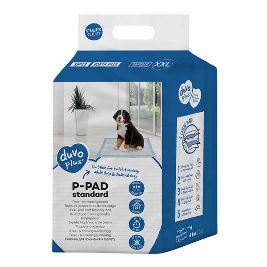 Verpakking met duvoplus P-PAD standard XXL trainingstabletten, 30 stuks, 60x90cm. Een Berner Sennenhond puppy zit op een van de pads.