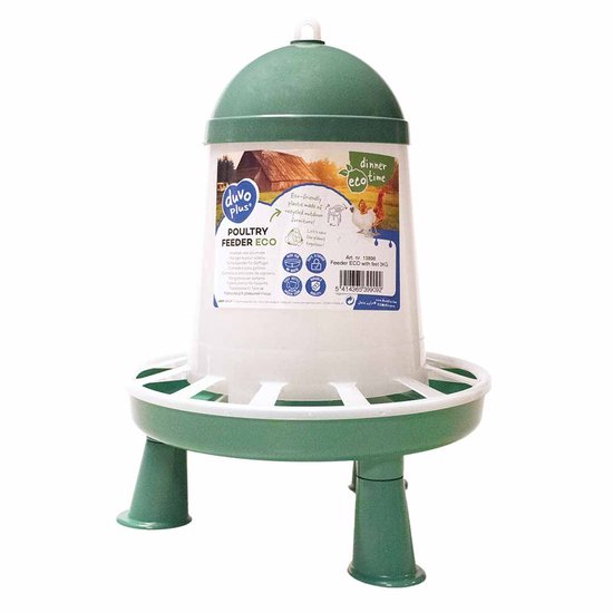 Groene kip voerautomaat met transparante container en 'duvo plus ECO' label.
