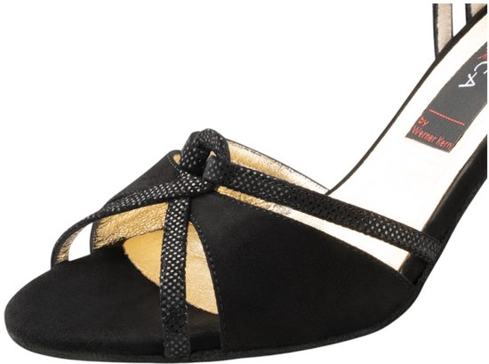 Chaussures de danse Nueva Epoca Christina pour femme avec semelle en daim - Talon haut 7 cm - Daim Zwart et détails Glitter - Salsa, Bachata, Kizomba, Latin, Tango argentin - Nueva Epoca - Zwart - 41 1/3