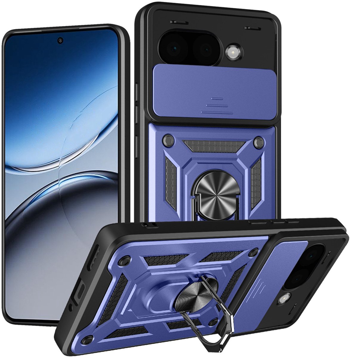 MobyDefend Hoesje - Geschikt voor Google Pixel 9a - Pantsercase Met Draaibare Ring - Blauw