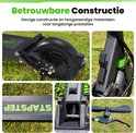 Collage van details van een zwarte StapStep elektrische step: achterwiel, vering, treeplank, vouwmechanisme en remhendel.