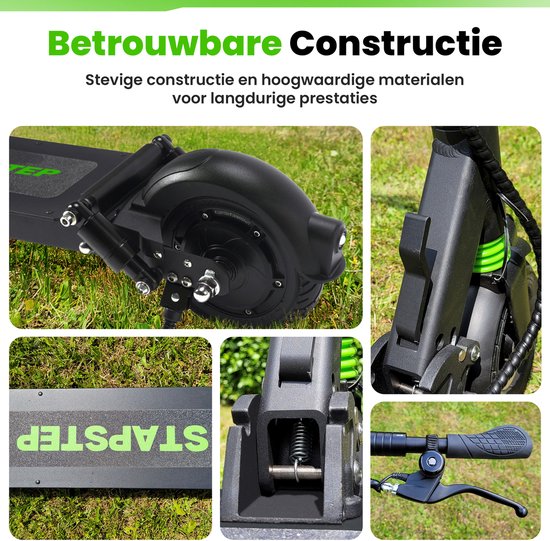Collage van details van een zwarte StapStep elektrische step: achterwiel, vering, treeplank, vouwmechanisme en remhendel.