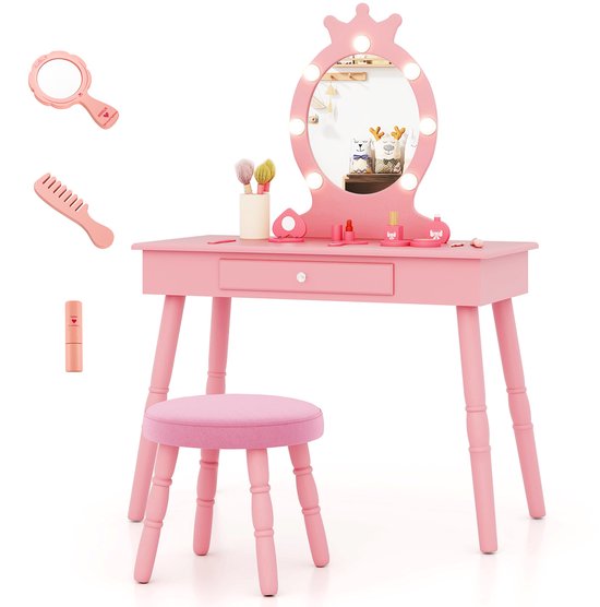 COSTWAY 2-in-1 kindermake-uptafel met kruk, kaptafel met verlichting, kaptafel van hout met lade en sieradenorganizer, make-uptafel prinses voor meisjes vanaf 3 jaar (wit