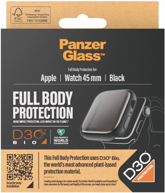 PanzerGlass Screenprotector geschikt voor Apple Watch - 45 mm Glazen | PanzerGlass Full Body Protector - Case Friendly - Zwart