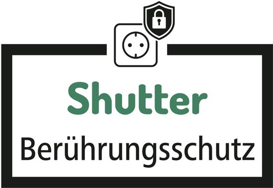 Logo met 'Shutter Berührungsschutz' en een symbool van een stopcontact met een schild en slot.