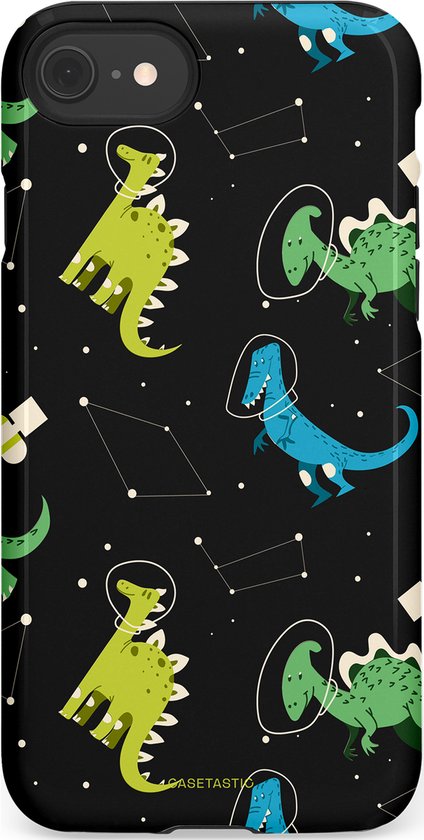 Zwarte hoes met een print van groene en blauwe dinosauriërs in ruimtepakken tussen sterrenbeelden.