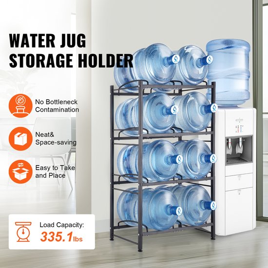 4-Staps Waterkanhouder, Dubbel Rijen Flessenrek voor 8 Flessen, Robuust 5-Gallon Waterrek voor Keuken, Kantoor, Woonkamer, Zwart — afbeelding 5