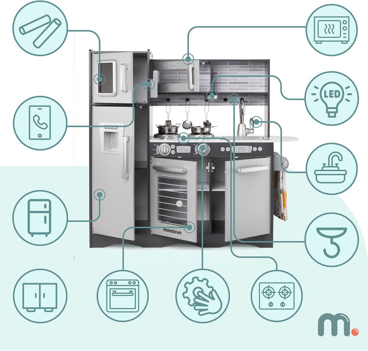 Keukentje Mamabrum XL Speelgoed houten speel keuken kinderkeukentje Speelkeuken eten speelgoedkeukentje Met accesoires pannen keukengerei set speelkeukentjes en toebehoren koken keukenschort keukenset kinderen voor ook 2 jaar, Hout, Grijs — afbeelding 14