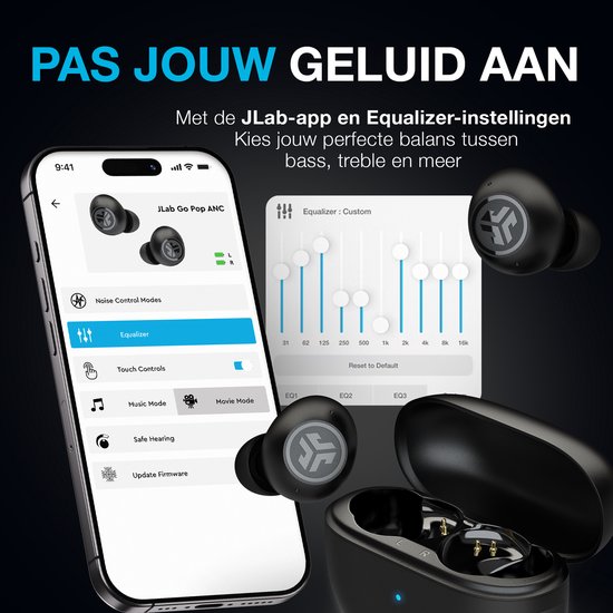 JLab Go POP ANC Draadloze Oordopjes - Noise Cancelling Oortjes - Bluetooth Multipoint - 24 uur Batterijduur - Met Microfoon - Draadloos - Geschikt voor Android en Apple - Zwart