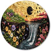 Bloemen en waterval in goud - Natuur rond schilderij - Wandpaneel waterval - Realisme kunststroming - Unieke muurcirkel - Moderne wanddecoratie - muurcirkel aluminium 60x60 cm