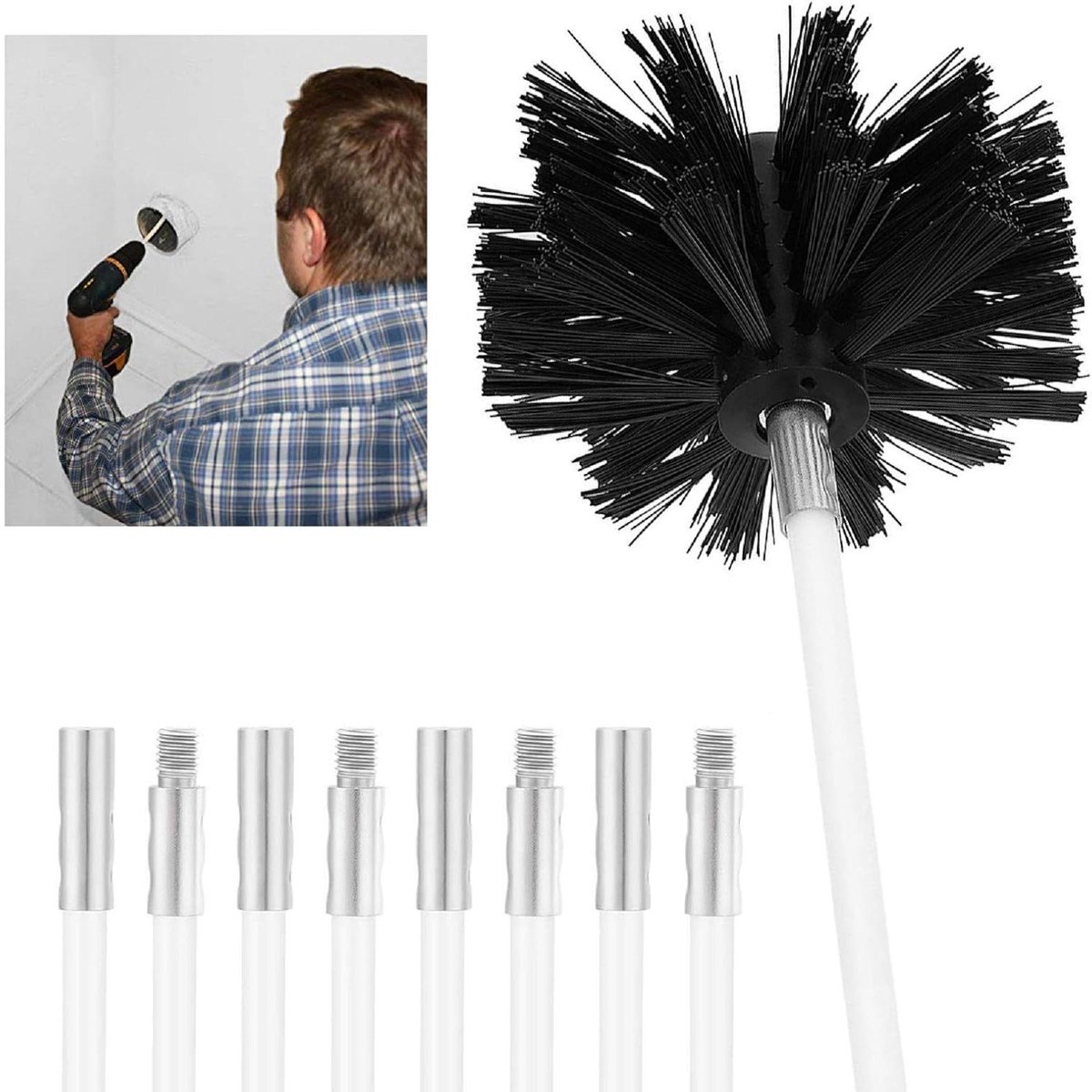 Schoorsteen Rookkanaal Reinigingsstaaf Sweep Vegen Borstel Set Droog Kanaal Schoon Kit Pluisverwijderaar (1 Borstelkop + 4 Staafs/Gebruik met of zonder Power Boor)