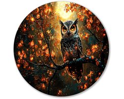 Uil in magisch herfstbos - Uil wandcirkels - Wandobject rond dieren - Digital Art - Dibond schilderij - Decoratie muur - muurcirkel aluminium 80x80 cm