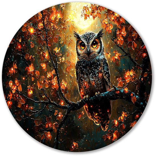 Uil in magisch herfstbos - Uil wandcirkels - Wandobject rond dieren - Digital Art - Dibond schilderij - Decoratie muur - muurcirkel aluminium 80x80 cm