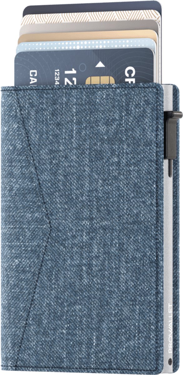 Prowallet Slim - Denim - Pasjeshouder voor 8 pasjes en briefgeld - Uitschuifbaar - RFID Creditcardhouder - Kaarthouder Portemonnee, Premium Pashouder voor Mannen & Vrouwen - Aluminium, Kunstleer - Incl. Luxe Cadeaubox