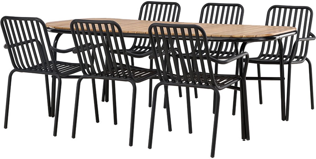 Holmbeck tuinmeubelset tafel 90x200cm natuur, 6 stoelen zwart.