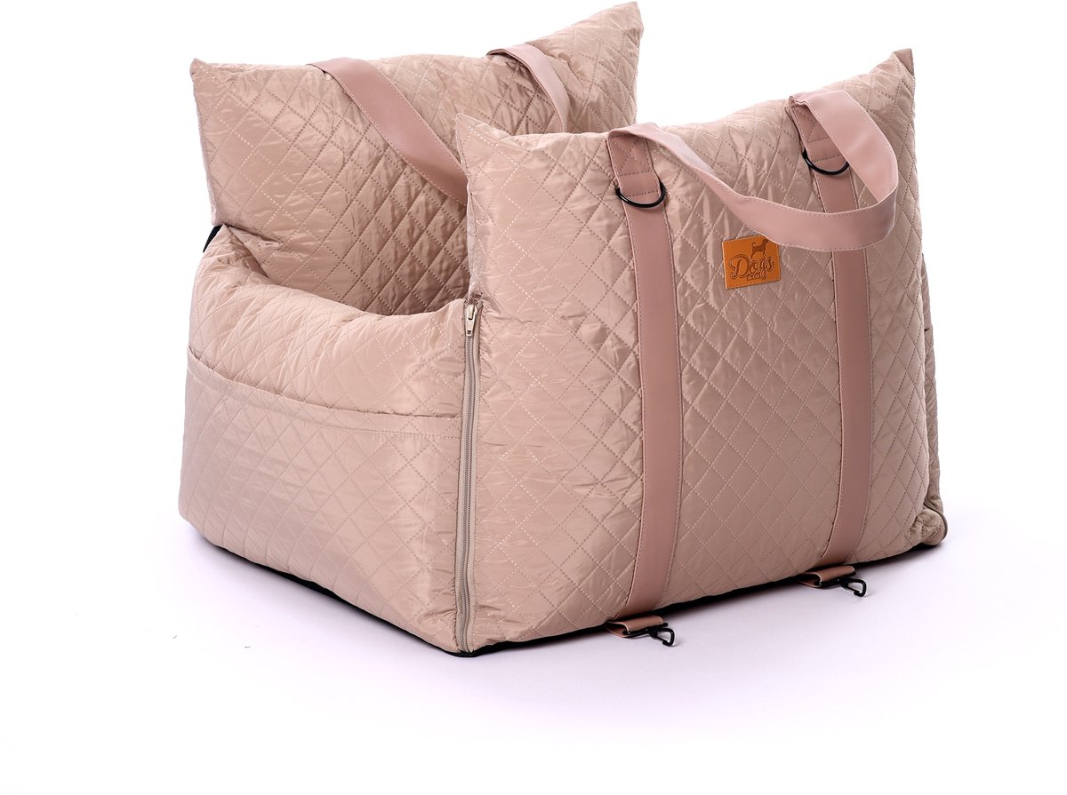 Dogs&Co® ROYAL+ Luxe Honden Autostoel Taupe Quilt - met Opbergzakjes & hondenriem - Autostoel Hond - Hondenmand - Hondenkussen - Hondenbed - Honden