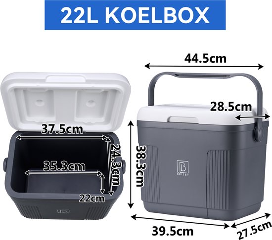 Brisby Koelbox - Frigobox - 22L - Grijs - Tot maximaal 40 uur isolatie - Incl. 4 dikke koelelementen van 450ml en 3 Delige Set Vershoudbakjes - Temperatuur veilige sluiting - Met koelelementen vergrendeld in deksel van Brisby — afbeelding 3