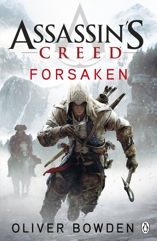 Couverture du livre Assassin's Creed Forsaken avec un Assassin dans un paysage enneigé, courant avec un couteau.