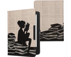 kwmobile e-reader hoesje geschikt voor Tolino Vision 1 / 2 / 3 / 4 HD hoes - E reader flip case met magnetische sluiting - Ereader cover - Meisje met boeken design in zwart / beige