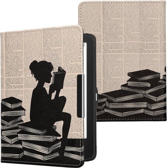 Étui liseuse kwmobile compatible avec Tolino Vision 1 / 2 / 3 / 4 HD - Étui à rabat magnétique pour liseuse - Motif fille avec livres noir/beige