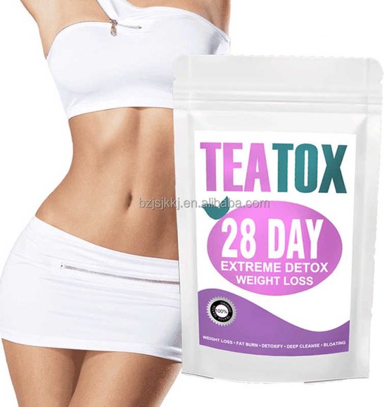 Slank vrouwelijk figuur met een witte top en rok naast een 'TEATOX 28 DAY EXTREME DETOX WEIGHT LOSS' verpakking.