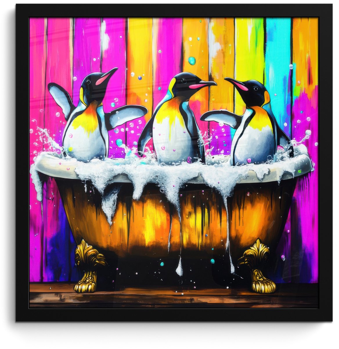 FrameYourWall Poster in lijst - Fotolijst 40x40 cm - Posters - Pinguïns - Badkuip - Kleurrijk - Schuim - Posterlijst zwart - Decoratie - Wanddecoratie woonkamer - Muurdecoratie slaapkamer