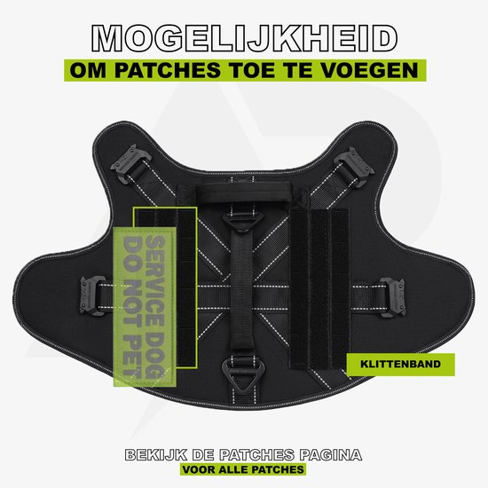 Zwart Always Prepared hondentuig met klittenband voor patches, 'Service Dog' patch zichtbaar.