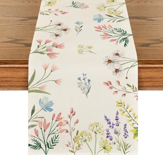 1 stuk - Bedrukt Tafelloper - Tafelloper Bloemen - 180 x 30 cm - Linnen Polyester Bloemenprint Tafellinnen Pasen - Table Runner - Beige