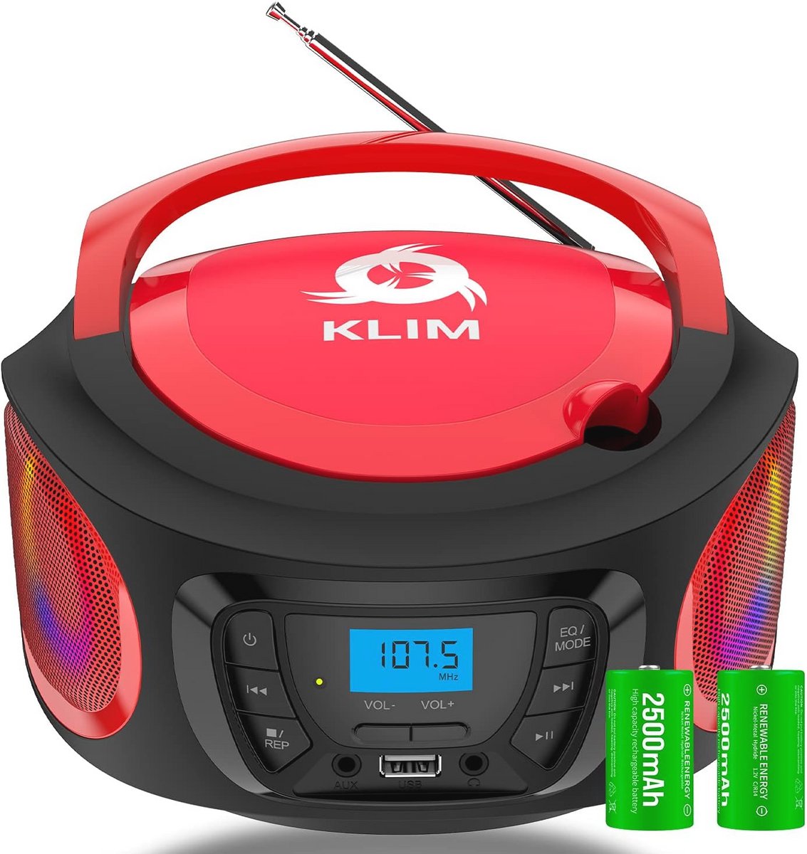 Boombox met CD-speler, Bluetooth, FM-radio en USB – Draagbare, compacte muziekspeler met RGB-verlichting