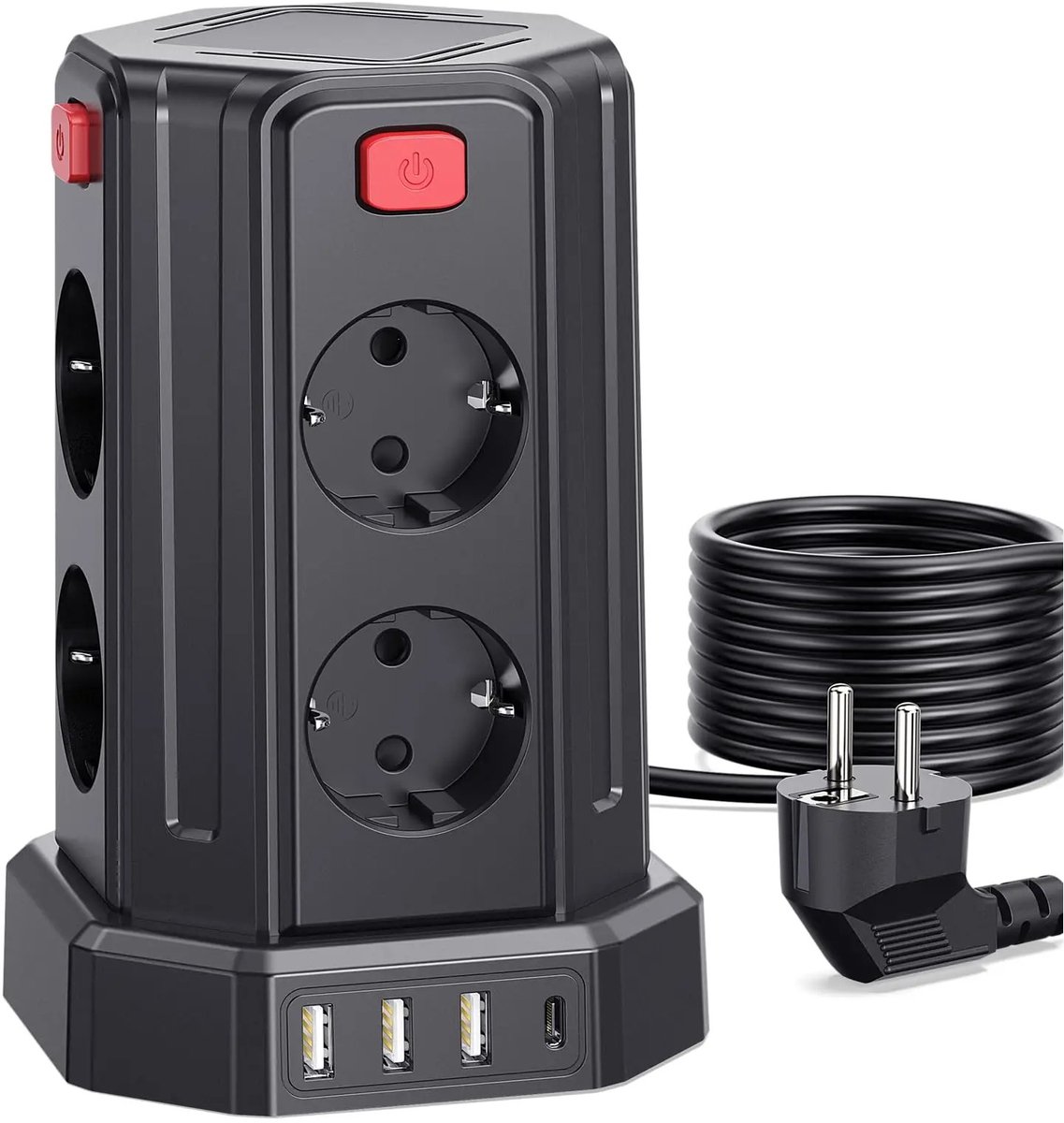 Stekkerdoos – Verlengsnoer – Stroomverdeler – 8 Stopcontacten – 3 USB-A + 1 USB-C – Met Overspanningsbeveiliging – Met Schakelaar – Randaarde – 3 Meter – 2500W – Zwart – EU Stekker – Voor Binnengebruik – Veilig – Handig – Snel Opladen