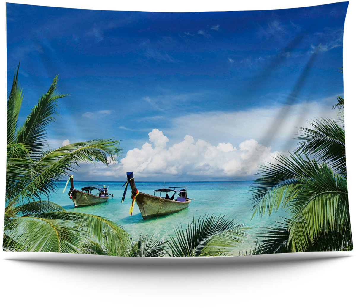 Ulticool Wandkleed 200x150 cm – Strand Zee Palmboom Natuur – Met Bevestigingspinnen - Binnen / Buiten - Tuinposter Wandtapijt Tuintapijt Buitenkleed Decoratie Schilderijen Posters