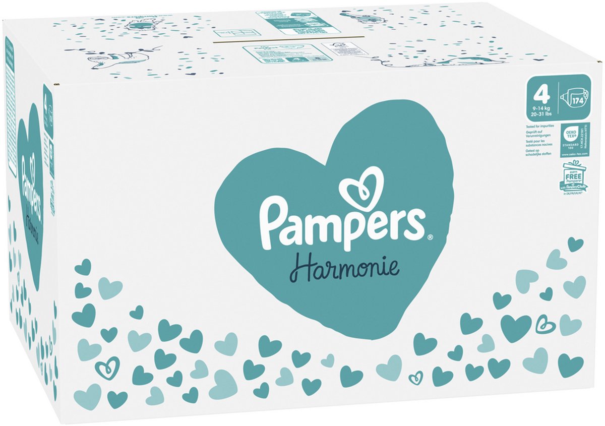 Pampers Harmonie Luiers Maat 4, 174 Luiers, 9kg-14kg, Zachte Bescherming voor de Huid met 100% Droogheid van Pampers