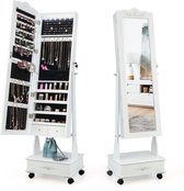 COSTWAY Sieradenkast met spiegel, led-sieradenkast met lade, sieradenorganizer afsluitbaar, op wielen, ideaal voor opslag en make-up