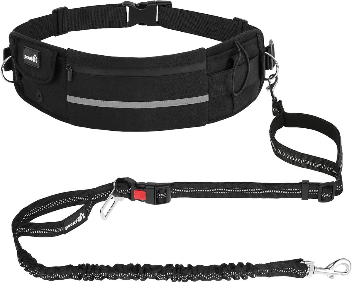 Handsfree hondenriem met zakje en bungee voor wandelen, joggen en fietsen