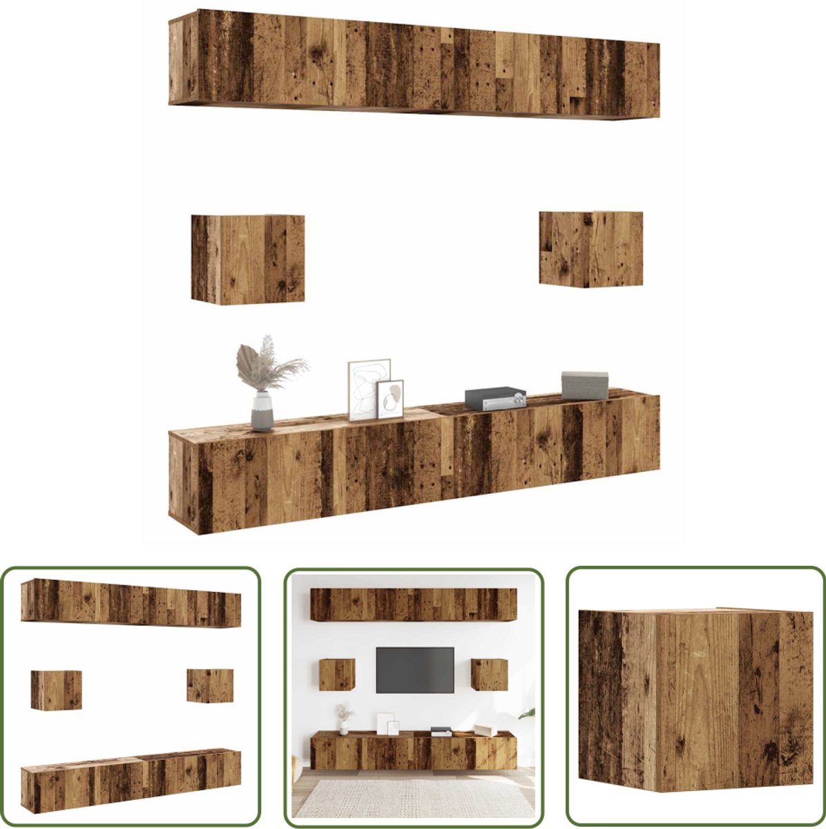 vidaXL Tv Meubels - Tv Kast - 6-delig Tv-meubelset wandmontage bewerkt hout oud houtkleurig - Houten Tv Kast - Wandmontage Tv Kast - Opbergkast