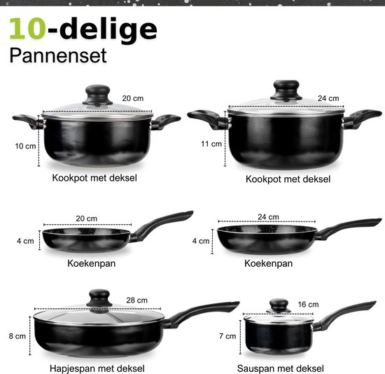 CeraFusion Ensemble de poêles en céramique 10 pièces - Set avec Poêles à frire, casseroles, faitouts - Casseroles et poêles à induction - Batteries de cuisine en aluminium - Zwart
