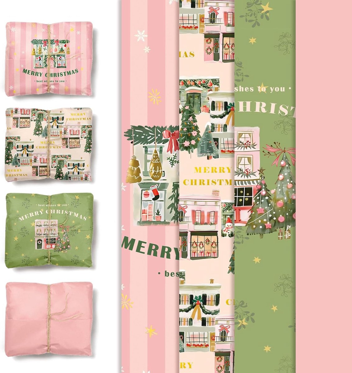 Kerst inpakpapier set met kerstboom en huis patroon - 24 vellen 15x20 inch