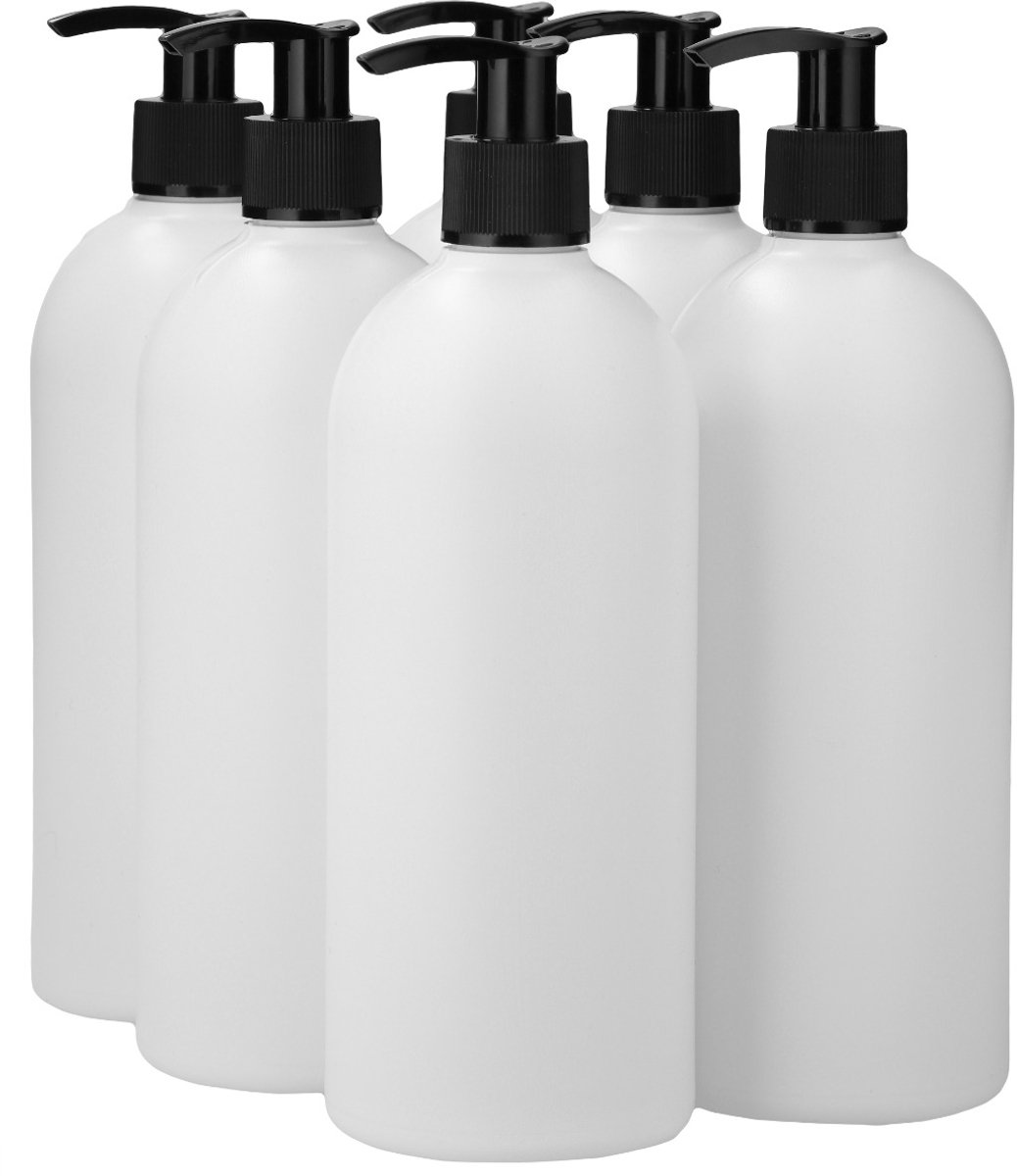 6 x 500 ml ronde fles HDPE wit + Zeepfles Dispenserpomp zwart - BPA Vrij - Niet Breekbaar - Plastic Flesjes Navulbaar - Met Dop - Lege Flessen - 6 stuks