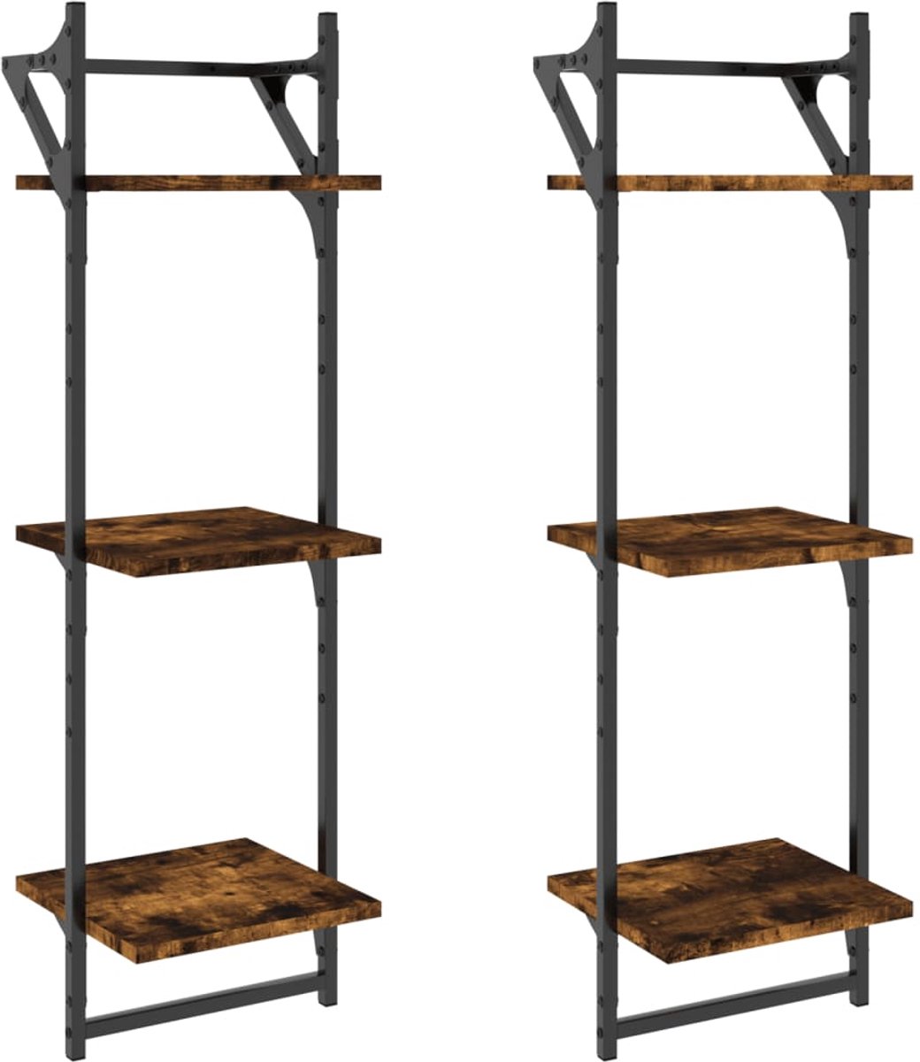 VidaXL Wandschappen 3-laags stangen 2 st 30x25x100 cm gerookt eiken Wandschap Wandschappen Wandplank Wandrek
