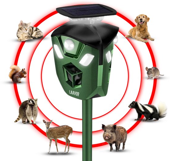 Laavir® Dierenverjager - Ultrasoon Afweermiddel tegen Ongedierte - Kattenverjager op zonne-energie - Waterdicht & 360° Bescherming - Kattenschrik - Kattenverjager - Marterverjager