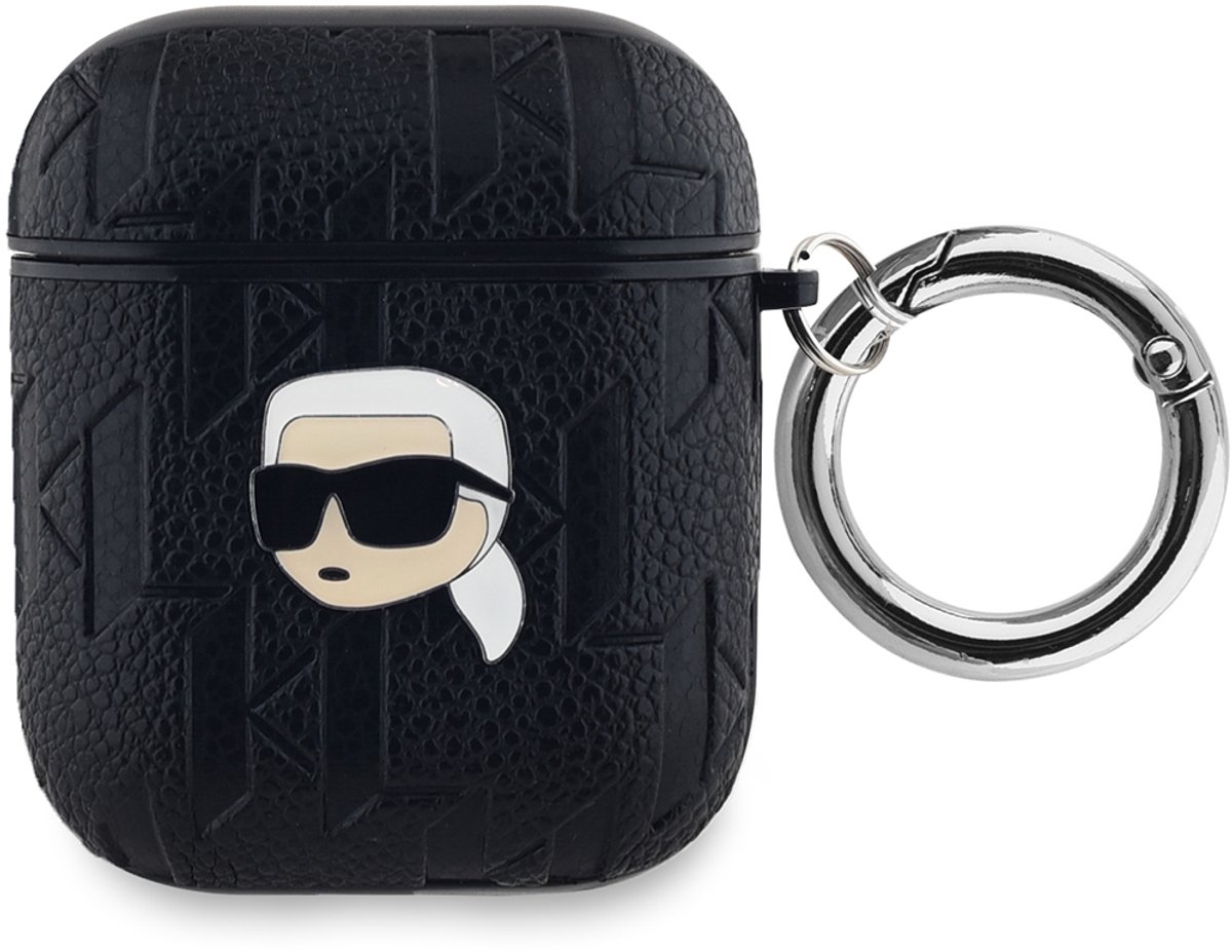 Karl Lagerfeld, Zaak voor AirPods 1 / 2 met monogram en Karl-hoofdmotief in reliëf, Zwart