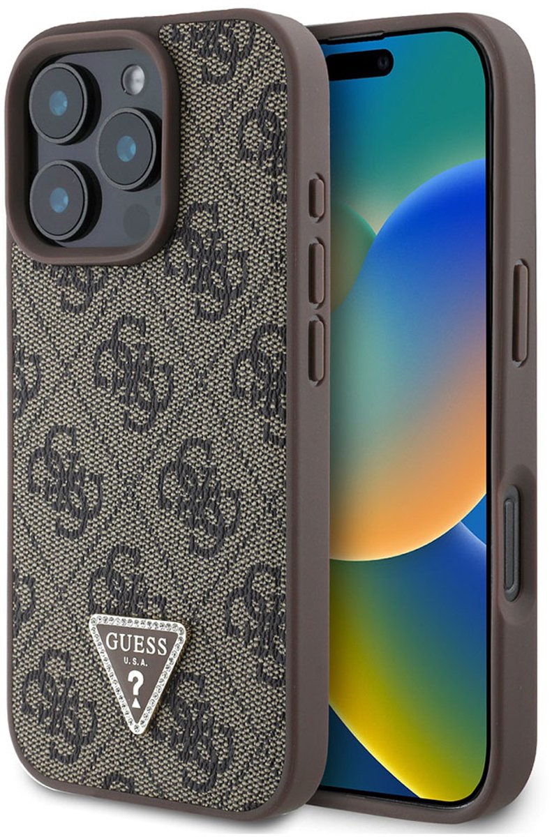 GUESS, Hoesje Geschikt voor Apple iPhone 16 Pro 4G Editie Strass Driehoek Metallic, Zwart