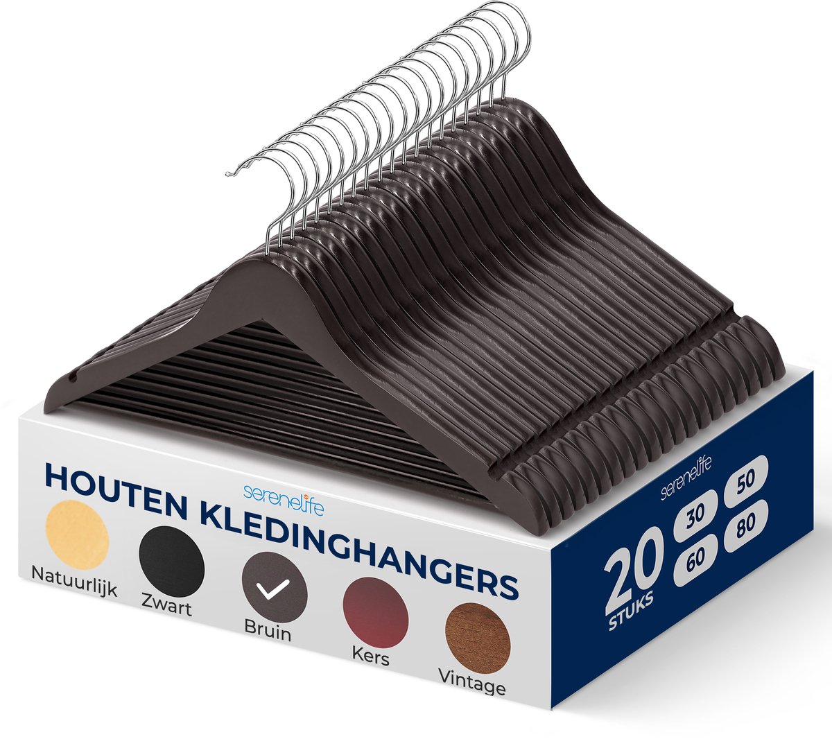 SereneLife Kleerhanger - Houten Hangers - Antislip Ruimtebesparende Kledinghangers - met 360° Draaibare Haak en Inkepingen - 20 Stuks - Duurzaam en Sterk voor Hemden, Truien, Hoodies, en Jurken