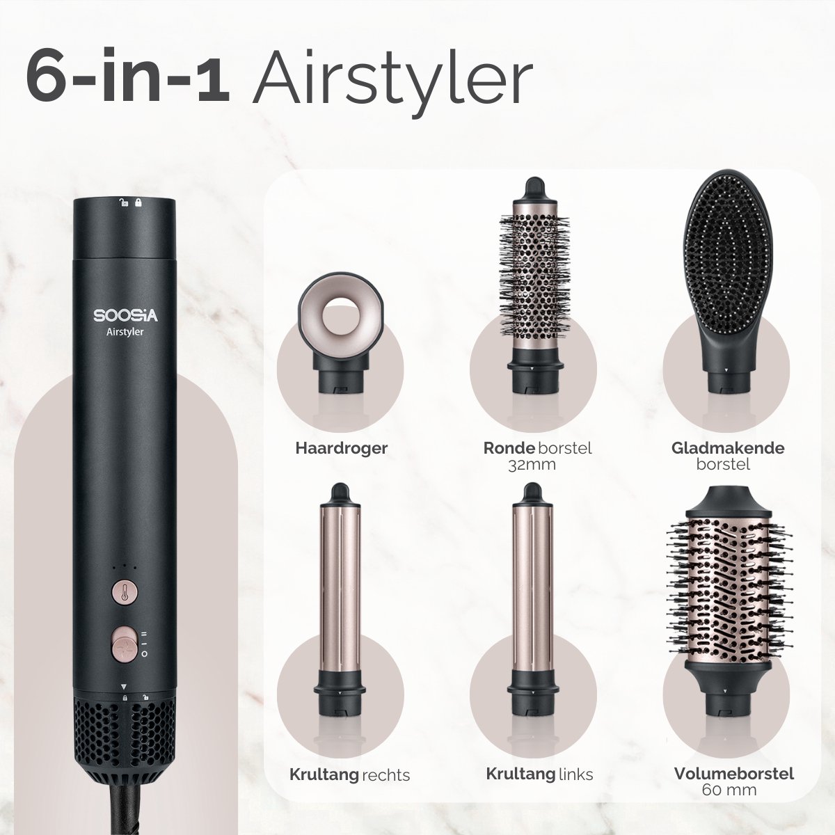 Soosia 6-in-1 Airstyler - Fohn & Krultang - Haardroger - Multistyler - Fohnborstel & Krulborstel - Hairwrap - Warmteborstel – Stijlborstel — afbeelding 3