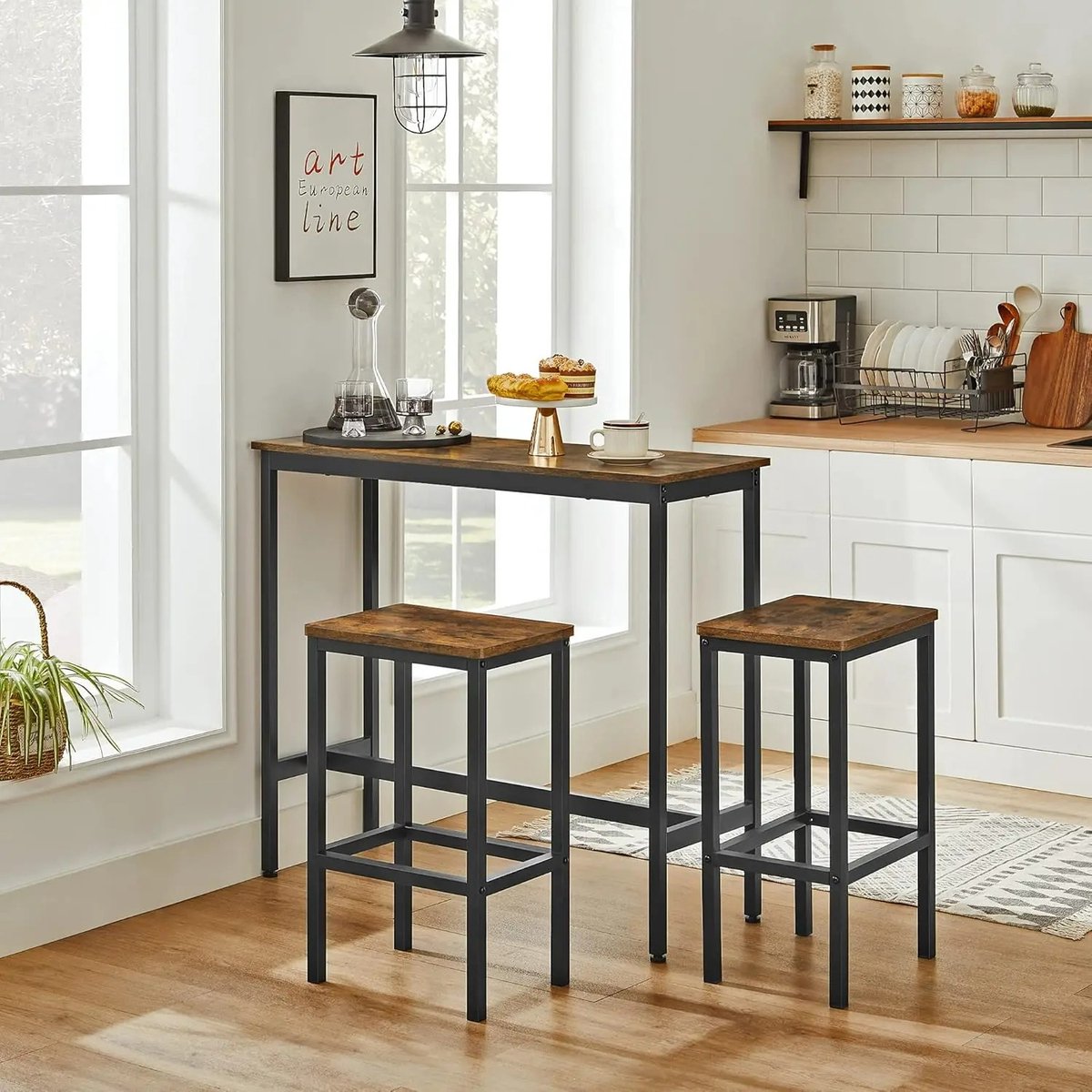 Bartafel met Barkrukken - Industrieel Eetgroep Set - Tafel met 2 Stoelen - Stalen Frame - Compact Design - 100x40x90 cm