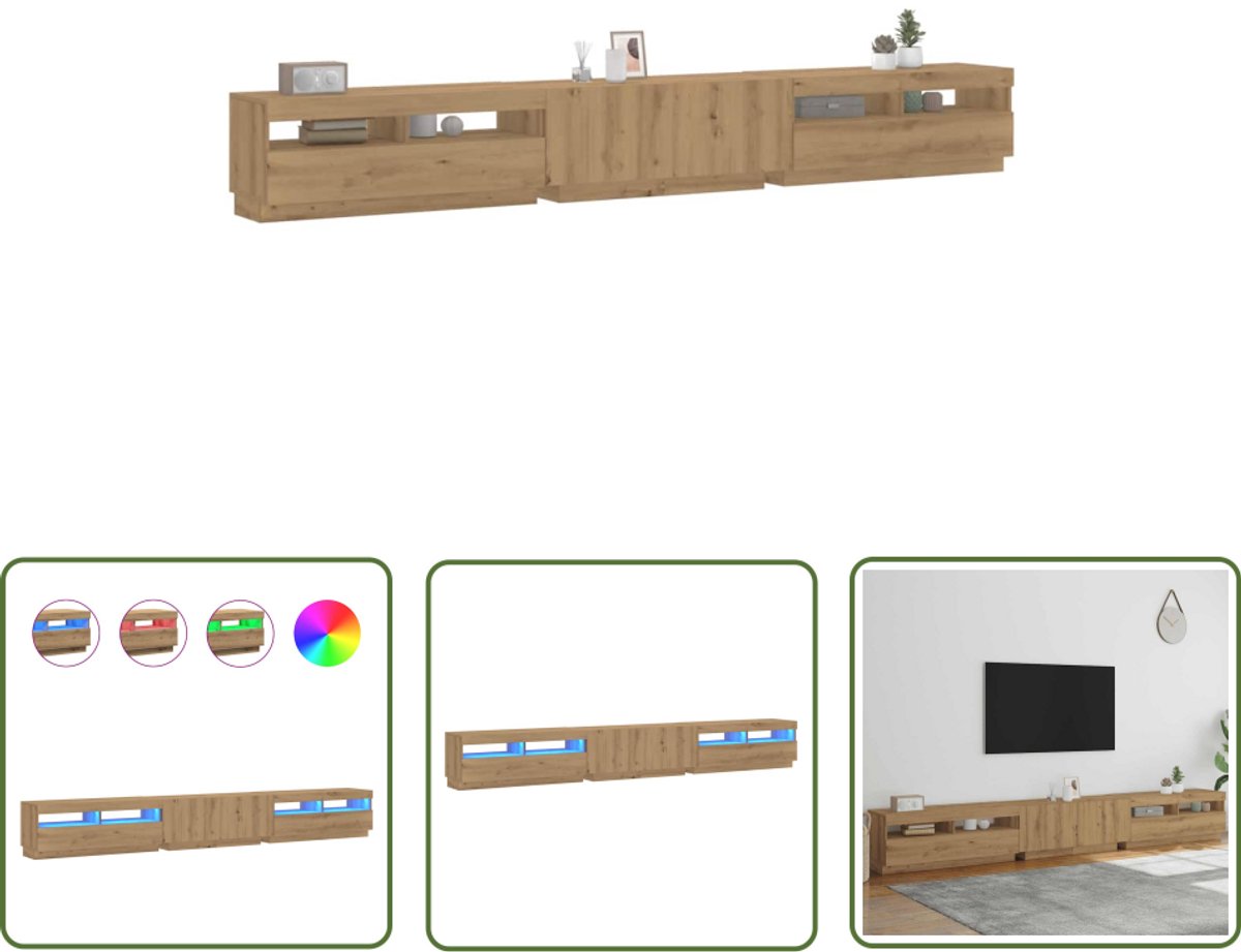 vidaXL Led Tv Stand - Tv Meubel - Tv-meubel met LED 300x35x40 cm bewerkt hout artisanaal eiken - Media Kast - Salontafel - Houten Tv Tafel