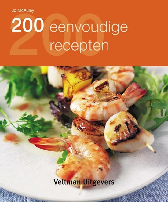 Boek '200 eenvoudige recepten' met een foto van garnalen en sint-jakobsschelpen op spiesjes.